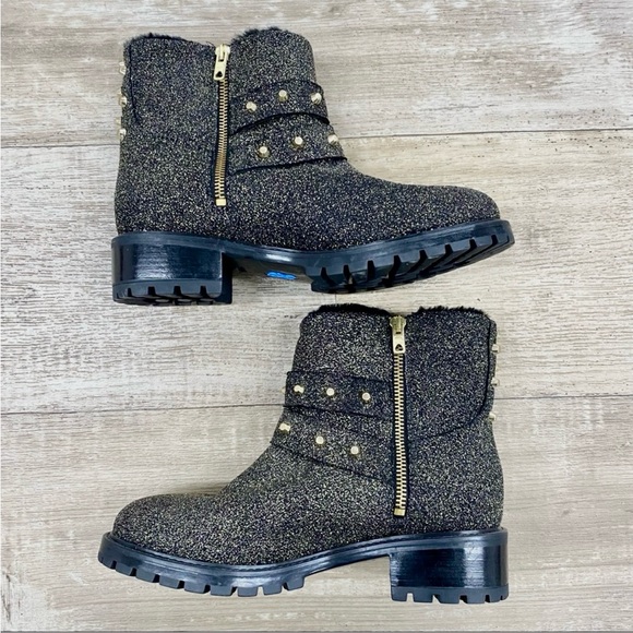 NWOT Ross & Snow Stefana Gold Glitter Black Leather Ankle Combat Boots Size 8 - Picture 11 of 13